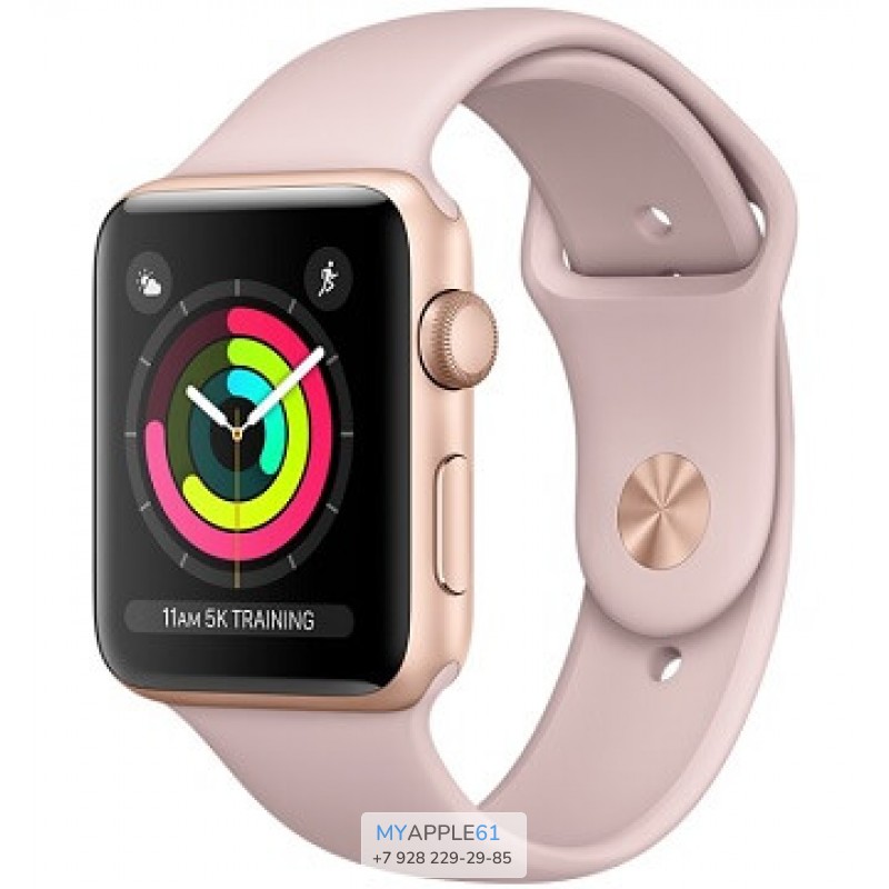 Apple Watch Series 3, 38 мм, Корпус из золотистого алюминия, спортивный ремешок цвета розовый песок